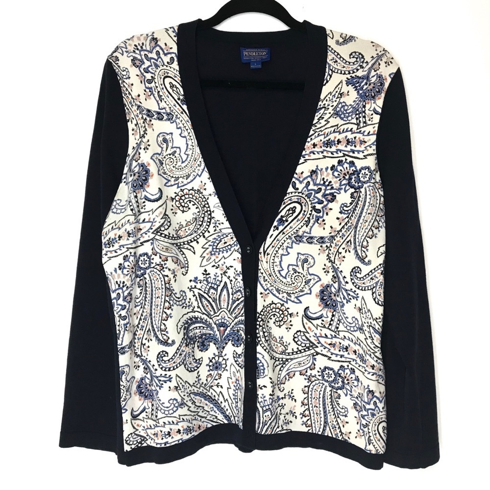 Pendleton Cardigan Sweater Womens Large Silk‎ Cotton Blend Paisley Button Front